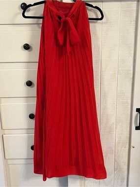 Chesley Red Sleeveless Pleated Dress with Tie Neck